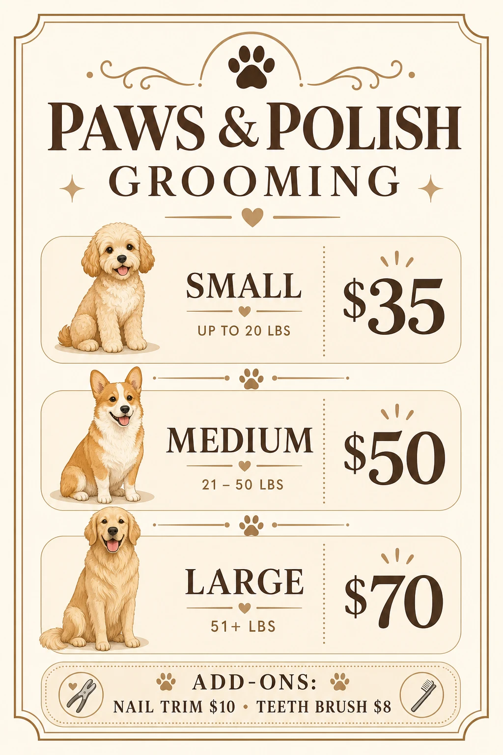 Dog Grooming Price Menu